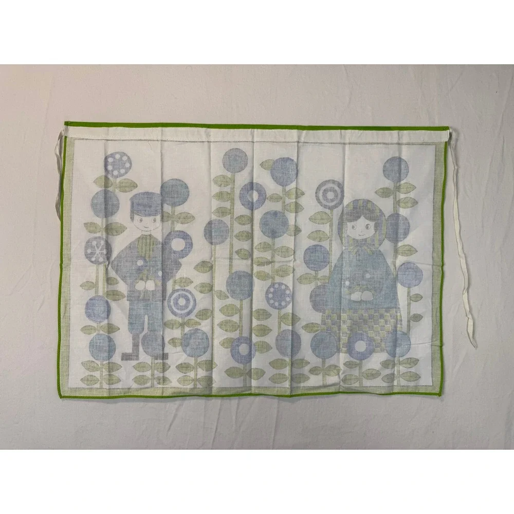 Vintage MCM Folk Art Apron Blue White Green Graphic Print Reto‎ Scandinavian